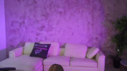 Video of a dimly-lit living room with a white leather sofa, a black pillow with a white logo, and a plant on the right. The wall has a textured, beige finish, and the lighting casts a purple hue.