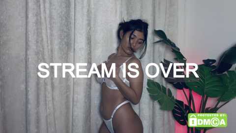Video of a slim, dark-haired woman in white lingerie, standing against beige curtains, with a green plant and \"STREAM IS OVER\" text overlay.