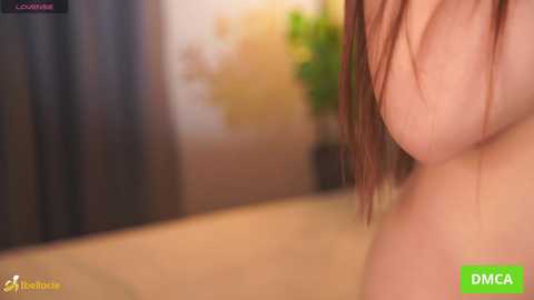 Video of a nude woman with fair skin, long brown hair, and medium-sized breasts, standing indoors with blurred background and a green OMDA watermark.