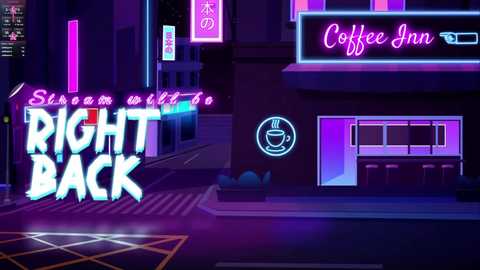Photorealistic digital art depicting a neon-lit street scene at night with \"Right Back\" graffiti, \"Coffee Inn\" sign, and a coffee shop window, all in vibrant purples and pinks.