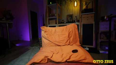 A video of a cozy, dimly lit living room featuring a large, orange beanbag chair in the foreground. The background includes wooden furniture, a hanging plant, and purple lighting. The room has a warm, inviting atmosphere.