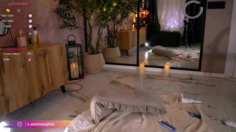 Video of a cozy, dimly lit living room with wooden furniture, potted plants, a mirror, candles, and a plush rug.
