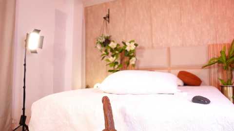 Video of a modern, minimalist bedroom with white bedding, beige textured wall, floral arrangement, orange pillow, and a studio light.