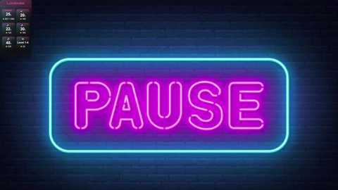 A digital video of a neon sign spelling \"PAUSE\" in bright pink letters on a dark blue brick wall background.
