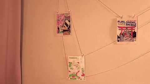 Video of a beige wall adorned with three magazine clippings, two pinned with clothespins and one with a safety pin. Clippings feature colorful, text-heavy layouts.