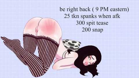 A digital drawing features a voluptuous, fair-skinned woman with dark hair, wearing fishnet stockings and a polka-dot bra, lying on a blue grid background. Text indicates she was spanked 25 times with 300-spike tease.