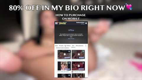 A blurred, topless woman lies on a bed, holding a smartphone displaying an \"80% OFF\" Omegle advertisement. The room is dimly lit.