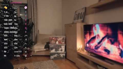 A video shows a cozy living room with a lit fireplace, a Christmas tree, and a woman sitting on a couch. The image includes a virtual overlay with chat bubbles and numbers.