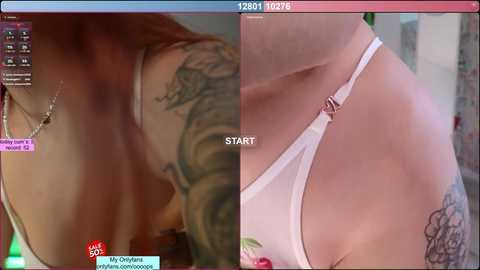 Video juxtaposing close-up of a tattooed woman's arm with a gaming screen showing a character in a white tank top.
