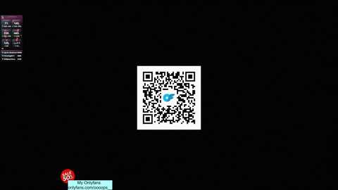 A digital image showcasing a black-and-white QR code against a solid black background, with a small, blue, circular logo in the center. The QR code is surrounded by a white border.