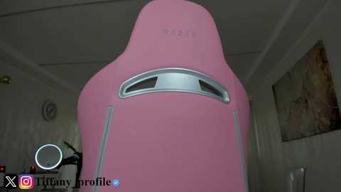 A video of a pink gaming chair with a curved, ergonomic design and a silver logo, set in a dimly lit room with a cream-colored wall and a framed picture.