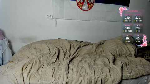 Video of a messy, beige quilted blanket covering a bed in a dimly lit room. A small, red, circular emblem hangs on the white wall above the bed.