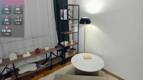 Video of a modern, minimalist living room with a white round coffee table, black floor lamp, wooden shelves, and a beige rug.