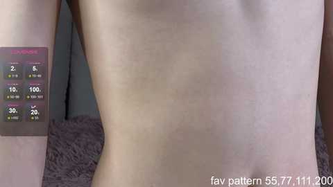 A close-up video of a nude, fair-skinned person's torso, showcasing a digital overlay with health metrics including BMI, body fat percentage, and muscle mass. The background features a textured, light-colored fabric.