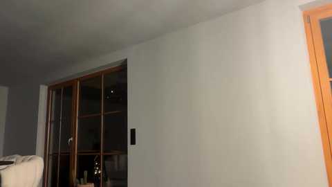 Video of a modern, minimalist room with a white wall, wooden-framed glass door, and a wooden door frame. The room has soft, ambient lighting, and a white couch is partially visible in the background.