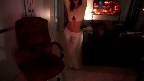 A dimly lit video shows a woman in a white crop top and white pants standing in a modern living room with a TV displaying a city skyline.