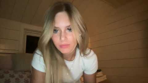 Video of a blonde woman with blue eyes, wearing a white t-shirt, leaning forward, in a dimly lit, wooden-paneled room with a bed and a small table in the background.
