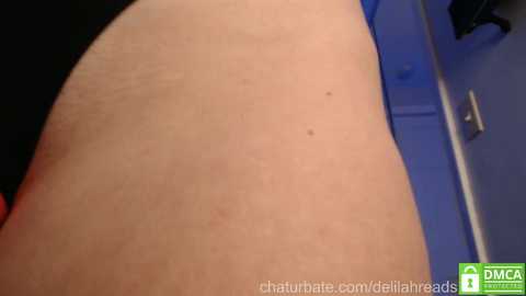 A close-up video of a pale, smooth, slightly dimpled buttock, with a small mole. The background features a blue-lit bathroom cabinet. The image has a watermark reading \"chaturbate.com/dellahearts.\