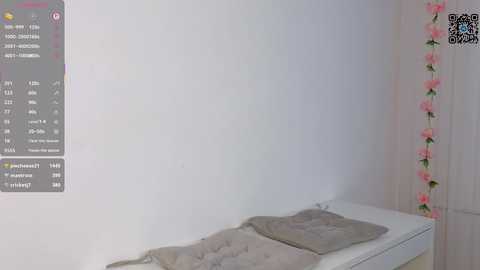 A video of a minimalist, white-walled bedroom with a beige cushioned bed and a pink floral garland on the right wall.