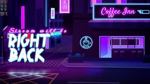 Video of a neon-lit, futuristic city street at night, featuring a glowing \"Right Back\" sign, a \"Coffee Inn\" with a coffee cup logo, and vibrant purple and pink neon lights.
