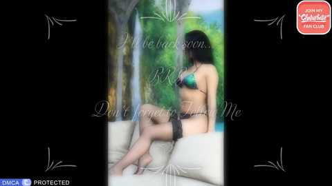 A blurry video of a woman in black lingerie and thigh-high stockings, sitting on a beige couch against a lush green background. Text overlay reads, \"Don't forget to keep me safe.\