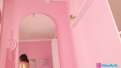 Video of a pink-themed room featuring a large mirror with a macrame hanging, pastel paintings on the wall, and a child's head visible in the reflection.