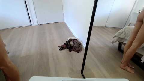 A video of a sparsely furnished, modern bedroom with light wooden flooring. A discarded pile of clothes lies on the floor near a full-length mirror. The background features a bed with a beige blanket and white walls.