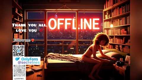 A digital artwork features a nude woman with auburn hair, sitting on a bed in a dimly lit room with a cityscape view. The word \"OFFLINE\" is prominently displayed on a red neon sign.