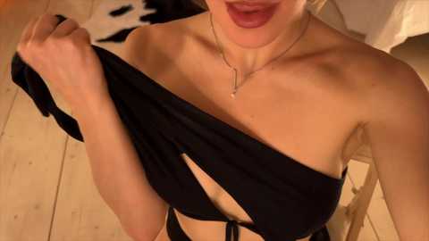 Video of a fair-skinned woman with blonde hair, wearing a black strapless top, holding it up to reveal her cleavage, in a warm, wooden room.