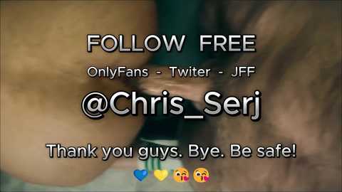Video of a blurred person in a black shirt with text: \"Follow Free OnlyFans - Twitter: @Chris_Seri Thank you guys. Bye. Be safe!\