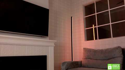 Video of a modern living room with a white fireplace, a large black TV mounted on the wall, a gray sectional sofa, and a tall floor lamp with a red glow, all bathed in soft, warm lighting.