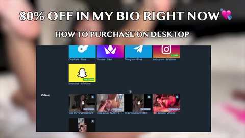 Video of a blurred, colorful desktop with six social media icons (Snapchat, Instagram, Facebook, Twitter, Reddit, and YouTube) and a video thumbnail collage of explicit content. Text reads \"80% OFF IN MY BIO RIGHT NOW.\