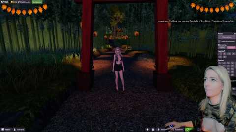 Video of a virtual reality scene featuring a young woman in a black dress walking through a forest, with a woman in a camo shirt in the foreground.