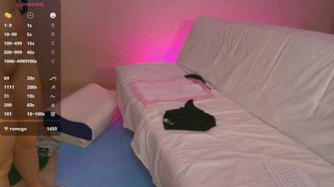 Video of a bedroom with a white sofa and a black cat sleeping on it. The room has a pink glow and a blue rug on the floor.