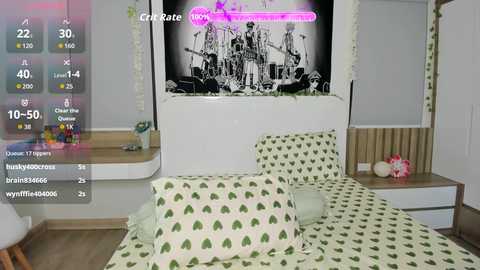 Video of a cozy bedroom with a white bed covered in green heart-patterned sheets. A TV displaying a black-and-white band plays on the wall above.