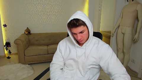 Video of a young man in a white hoodie, seated in a modern living room with beige sofa, decorative wall, and mannequin.
