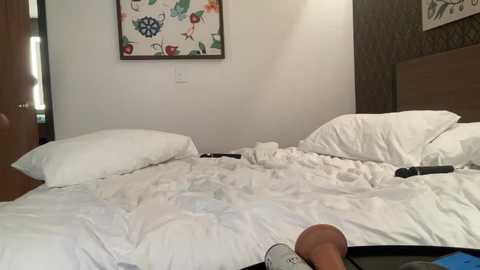 Video of a messy hotel room with two unmade beds, a white duvet, pillows, and scattered items like a remote and a phone. A framed nautical-themed painting hangs on the wall.