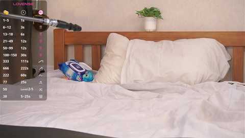 A video showing a messy bedroom with a wooden headboard, a white pillow, and a blue-and-white bag of chips on a white bedspread. The image also includes a live feed of a man's mouth with a microphone, suggesting a video or live stream.