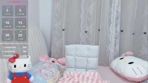 A video of a girly bedroom featuring a white bed with pink and white striped bedding, plush Hello Kitty pillows, and a Hello Kitty doll on a pink blanket.