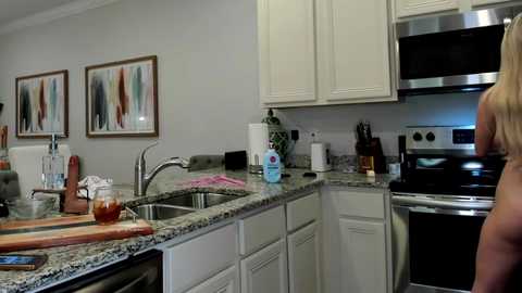 Video of a modern, clean kitchen with white cabinets, granite countertops, stainless steel appliances, and abstract artwork on the wall. A nude person with long blonde hair is partially visible in the right background.