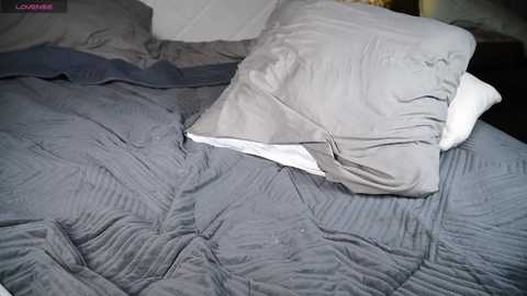 Video of a neatly made bed with a gray quilted comforter, two matching gray pillows, and a white pillow, all on a white bed frame.