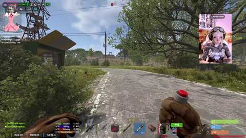 Screenshot of a video game scene featuring a brown-skinned character in a brown coat and red hat, riding a motorcycle on a dusty road.