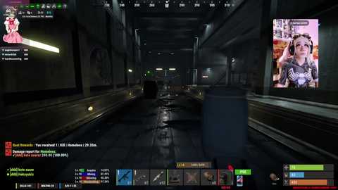 A screenshot from a video game featuring a dark, industrial subway tunnel with a large, blue barrel on the right. A live stream window on the right shows a woman with a headset, wearing a black and white top.