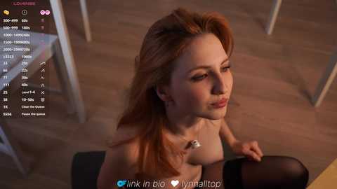 A CGI image of a fair-skinned, red-haired woman with medium-sized breasts, wearing black stockings, sitting in a modern room with wooden floors. The image includes a social media-style screen with user statistics.