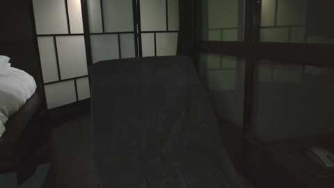 Video of a dimly-lit, minimalist bedroom with dark wooden floorboards and black sliding glass doors. A white futon is visible on the left, and a shoji screen with white panels and black frames is partially visible on the right.