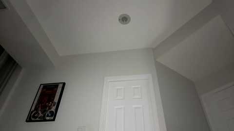 A video of a minimalist, well-lit hallway with white walls, a white door, and a framed picture of a motorcycle on the left.