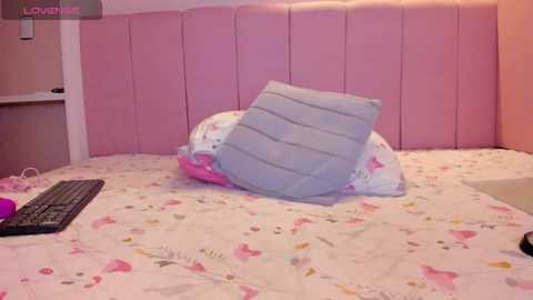 Video of a girl's bedroom with a pink upholstered headboard, a light blue pillow with horizontal stripes, a patterned bedspread, and a black keyboard on the left side.