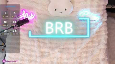 Video of a plush bunny with a glowing blue and pink light on a fluffy white background, with a digital timer display overlay.
