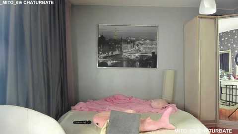 Video of a minimalist bedroom with a gray wall, a framed black-and-white cityscape, a white bed with a pink blanket, and a lamp on the nightstand.