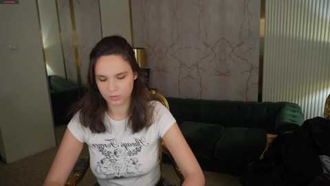 Video of a young woman with shoulder-length brown hair, wearing a white t-shirt with a graphic design, seated in a dimly lit room with green couches and a striped wall.